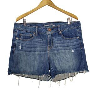 American Eagle Womens Distressed Denim Shorts Stretch Mid-Rise Frayed Hem Blue S